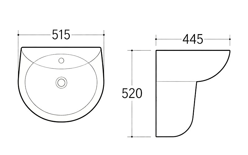 FRNB203 Semi-Circular Wall-Hung Basin With Semi-Pedestal - 515mm High-Durability Ceramic Sink